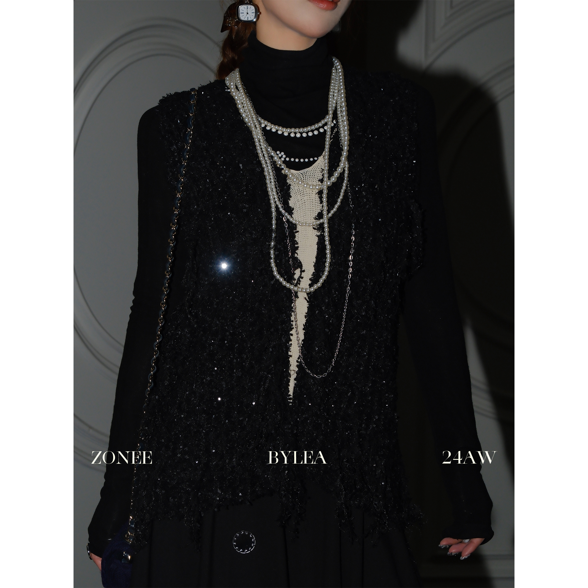 ZONEE/LEA宋亦雯 钻光优雅 法式设计感流苏针织珠片无袖马甲女