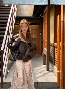 ZONEE/LEA宋亦雯 梦回2000s 复古设计感早秋深咖短款皮衣外套女