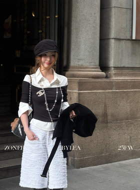 ZONEE/LEA宋亦雯 时尚编辑安迪 法式设计气质假两件针织拼接衬衫