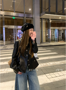 ZONEE/LEA宋亦雯 原创设计时髦精Ruby pu黑色翻领中古皮衣外套女