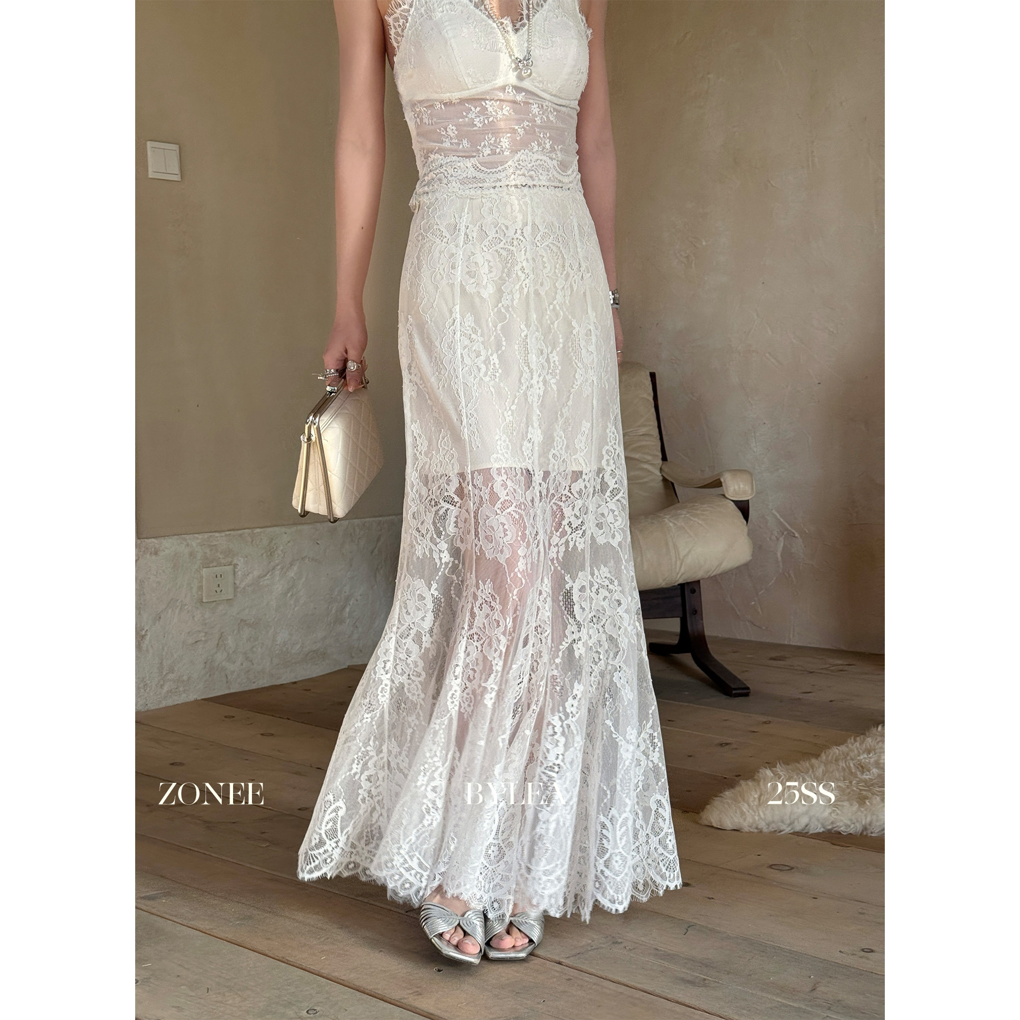 ZONEE/LEA宋亦雯 French touch设计感中长款白色蕾丝透感半身裙女
