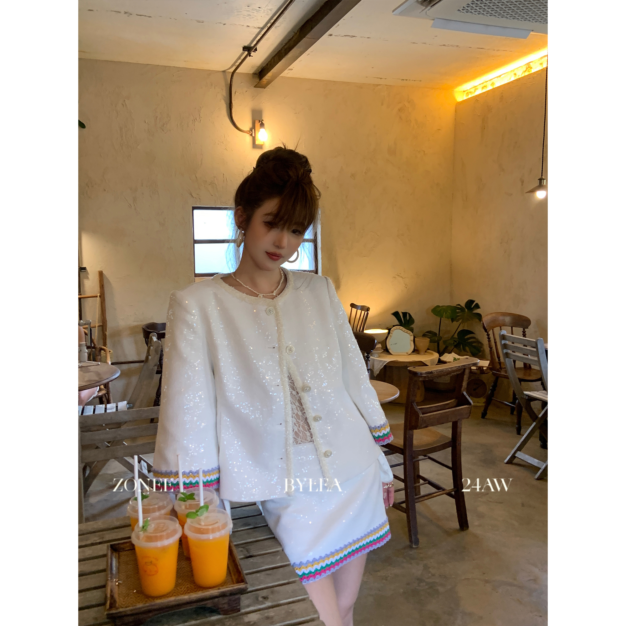 ZONEE/LEA宋亦雯 法式高级感原创设计珠片小香风亮片外套半裙套装