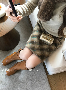 ZONEE/LEA宋亦雯 暖冬miu系法式设计感羊毛格纹A字显瘦半身裙女