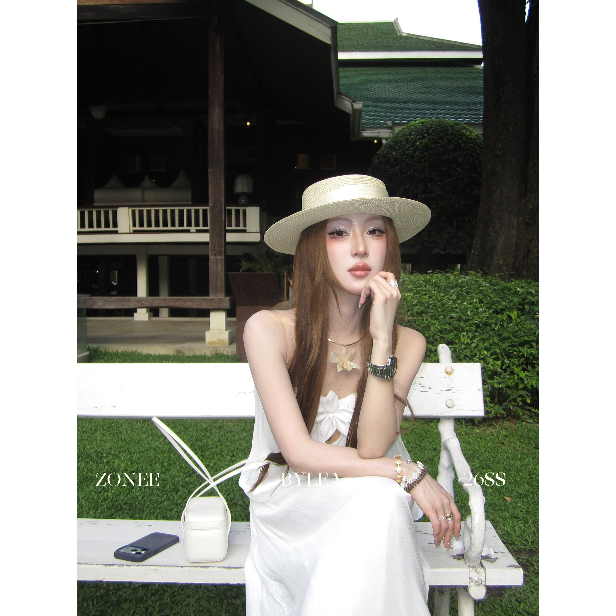 ZONEE/LEA宋亦雯 老钱庄园 法式白色清冷感花朵上衣雪纺裙裤套装
