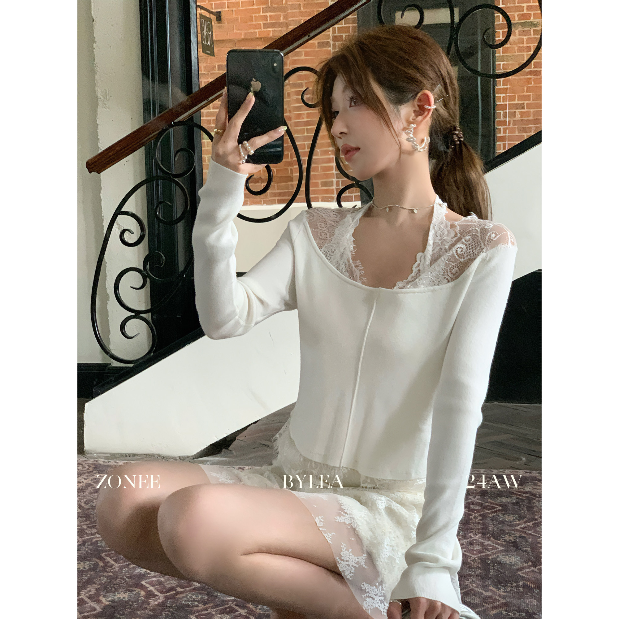 ZONEE/LEA宋亦雯 白色语境法式原创设计短款拼接蕾丝针织衫上衣女