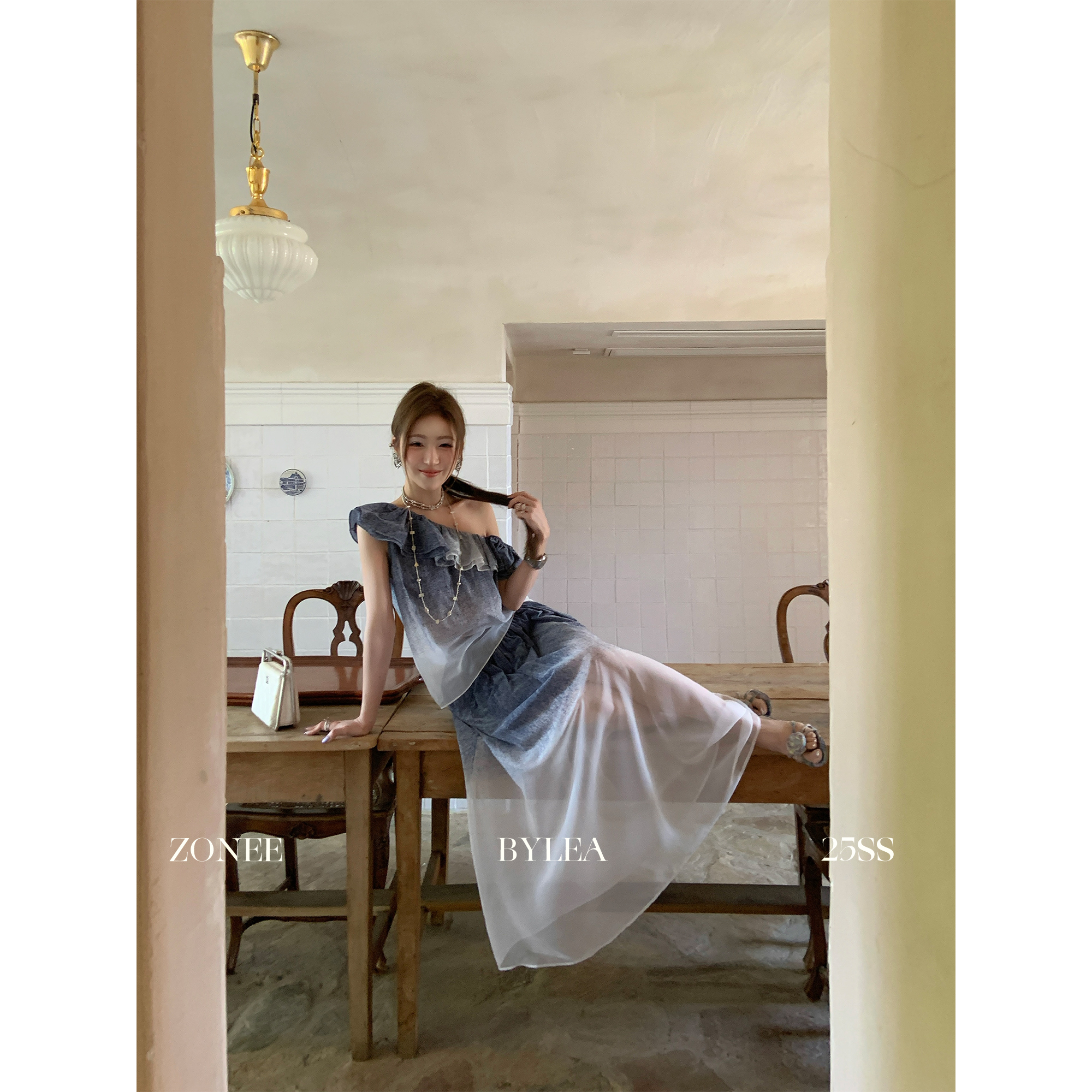 ZONEE/LEA宋亦雯 海洋公主丹宁牛仔雪纺面料渐变上衣半身裙套装女