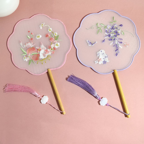 手工刺绣团扇舞蹈表演道具圆扇子