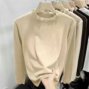 半高领保暖打底上衣蕾丝花边领德绒加绒秋冬新款修身显瘦长袖T恤