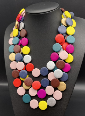 圆片木珠多层复古风长款花色项链