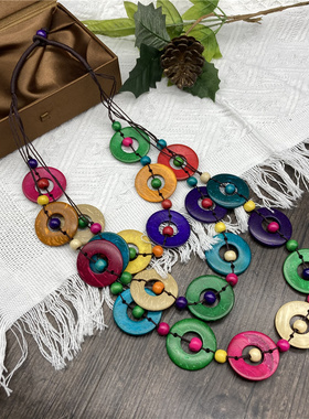 天然圆片民族风长款棉麻毛衣链