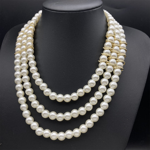 法式轻奢复古国风三层仿珍珠亚克力项链百搭旗袍佩饰优雅毛衣链