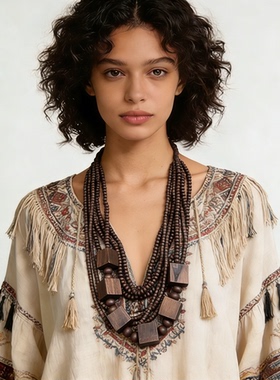 波西米亚风木质度假项链女多层复古民族风夸张美拉德棕色毛衣链