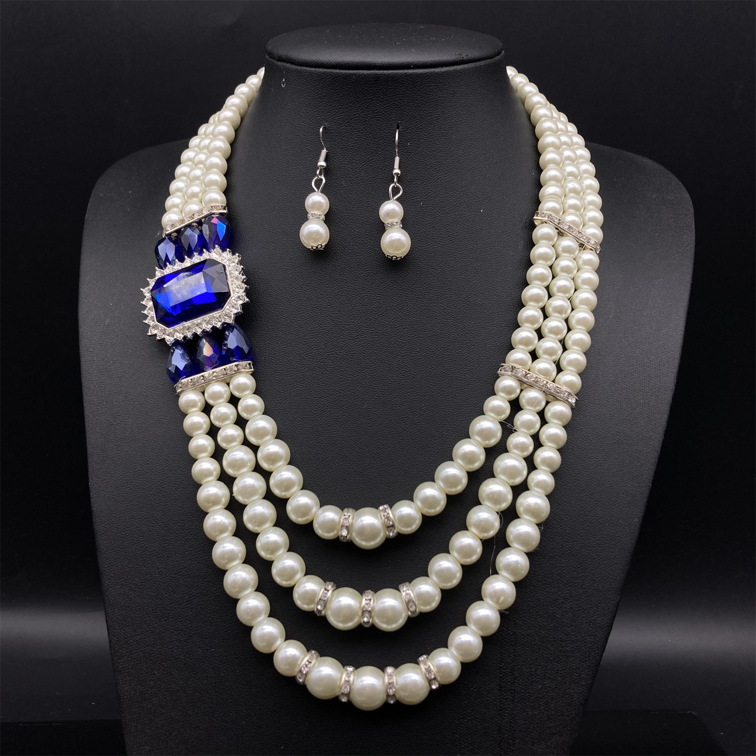 欧美复古轻奢多层不对称项链耳环套装 仿珍珠方钻配饰女necklaces