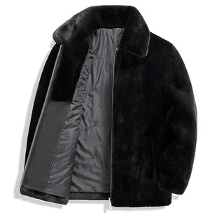 中老年男士冬季加厚保暖仿水貂绒休闲时尚夹克式仿皮草外套纯色黑