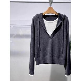 MM商场同款2025冬季新款慵懒百搭假两件连帽针织衫女5GA134301