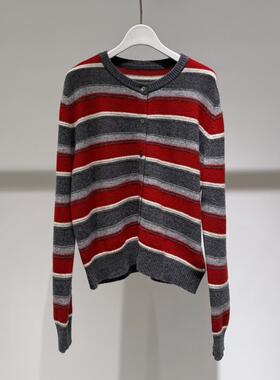 MM麦麦2025秋冬新款休闲灰色条纹绵羊毛针织开衫女上衣4GA233771