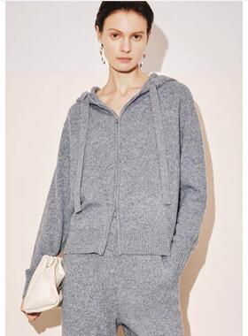 MM麦家2025冬季新灰色慵懒连帽羊绒衫针织衫开衫女5FA13S701