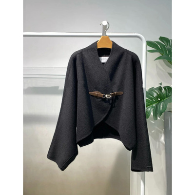 MM麦家商场同款25黑色短款双面羊毛斗篷大衣毛呢外套女5GA170271