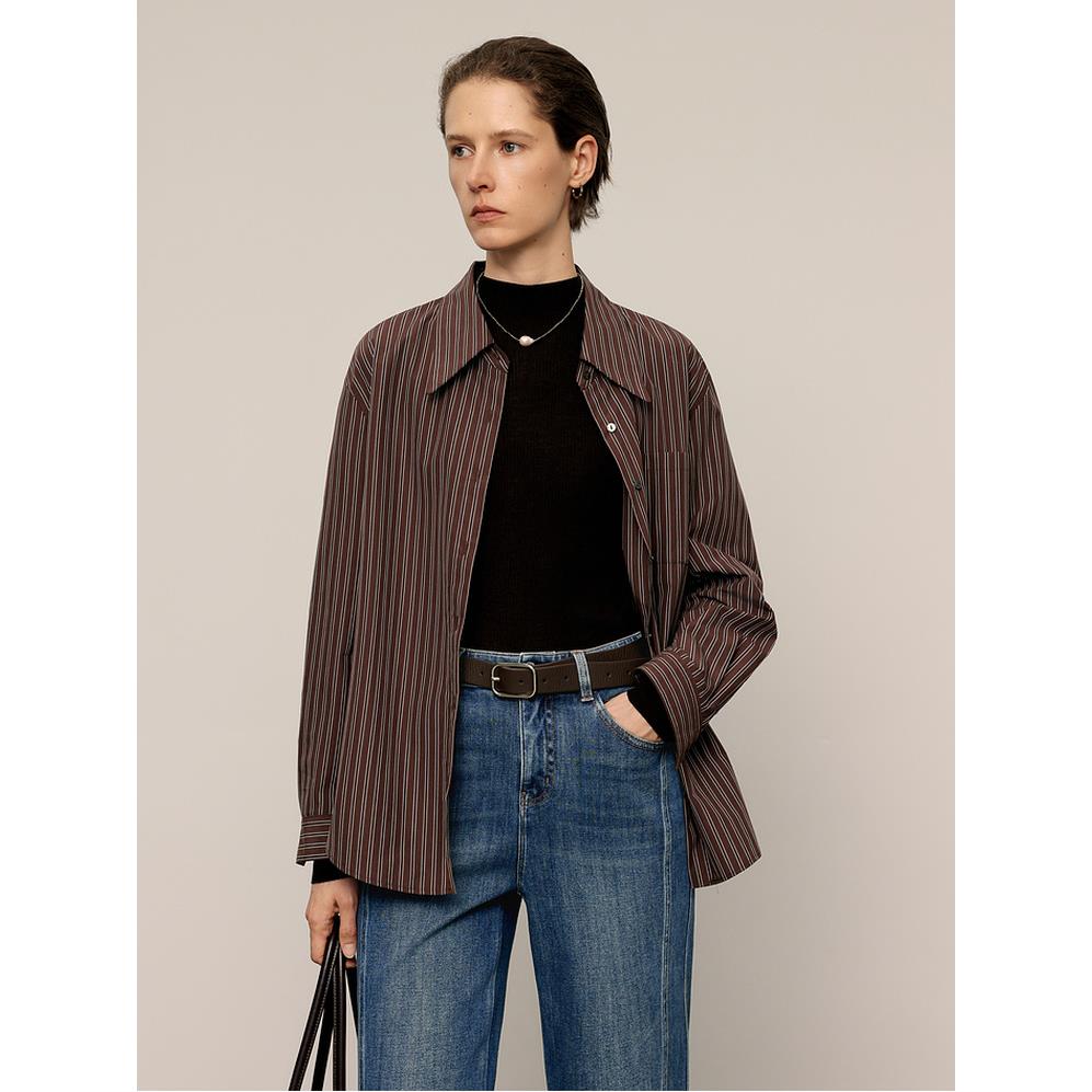 MM麦家叠穿神器复古咖色条纹衬衫商场同款25秋冬新款5G8222871