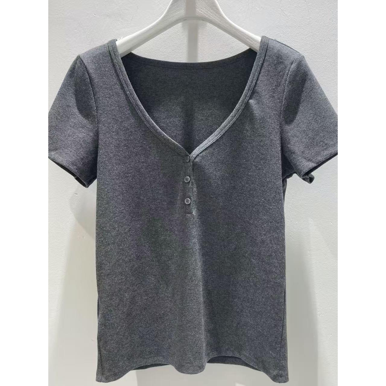 2025夏季新款修身简约深灰色薄款v领针织短袖T恤女上衣4G4200501