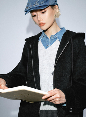 MM麦家商场同款25冬季新款休闲百搭灰色短连帽毛呢外套4FA170572