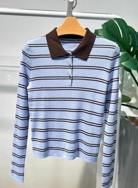 MM麦麦2025秋冬新款绵羊毛蓝色条纹polo领针织衫女上衣5GA231401