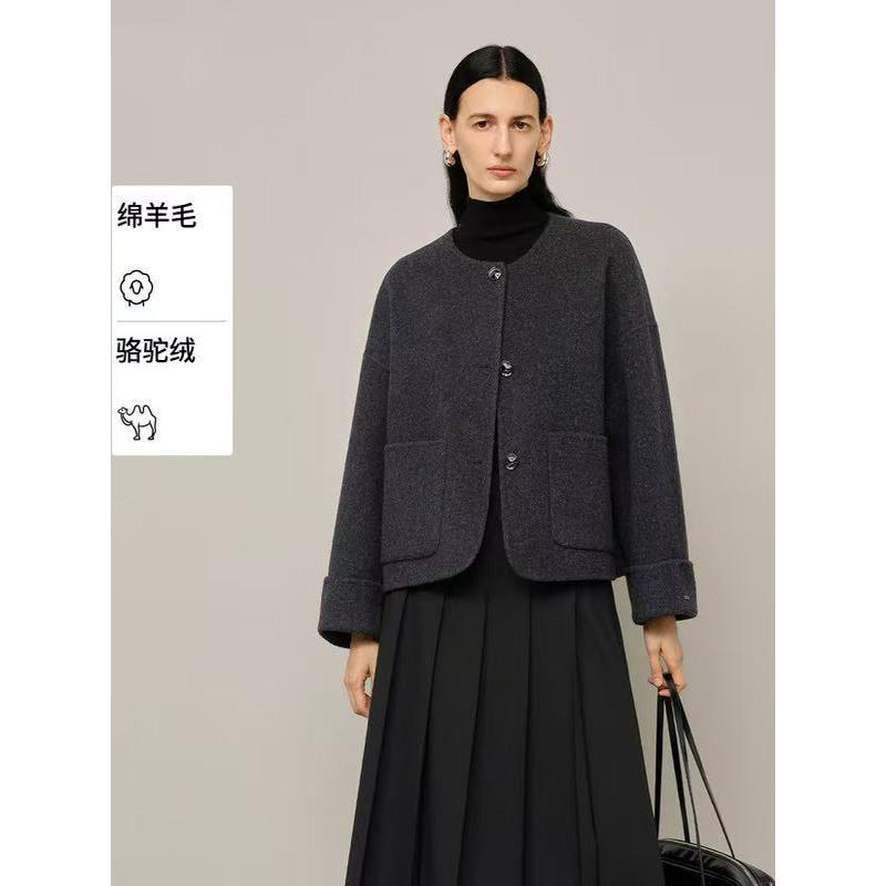 MM麦家同款2025冬季新款气质短款灰色纯羊毛双面呢大衣5FA170811