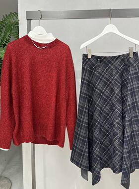 MM麦家商场同款2025冬季百搭套头圆领红色针织衫女毛衣5GB234711