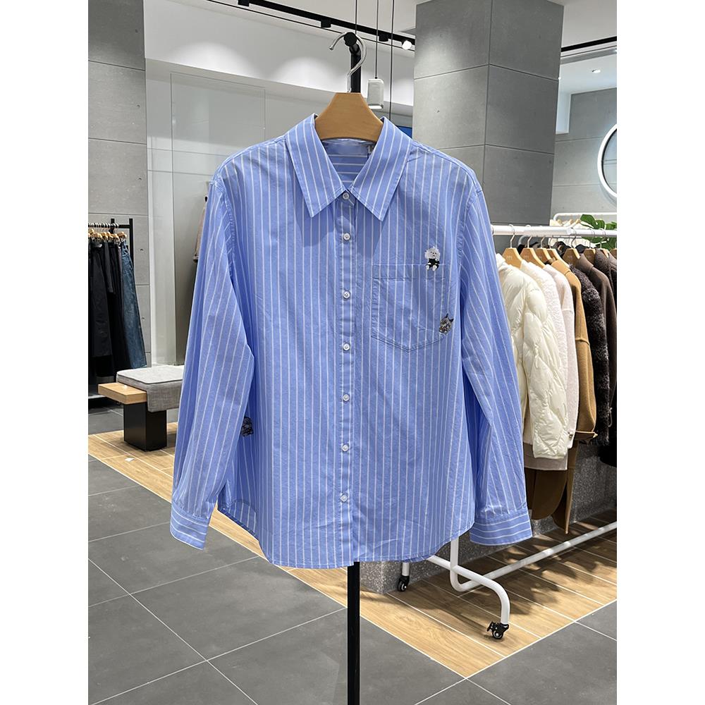 MM麦家2025秋季新款蓝色条纹衬衫女OL款衬衣通勤上衣4G2220211