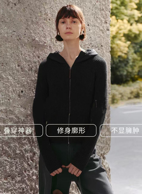 MM麦家2025秋冬新款绵羊毛灰色连帽休闲针织衫女上衣5GA180841