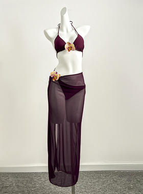 御姐女神紫色性感绑带分体裙式比基尼三件套温泉沙滩度假泳衣长裙