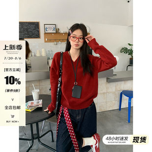 宋正恩V领红色毛衣女春季宽松软糯套头时尚慵懒风针织衫外套上衣