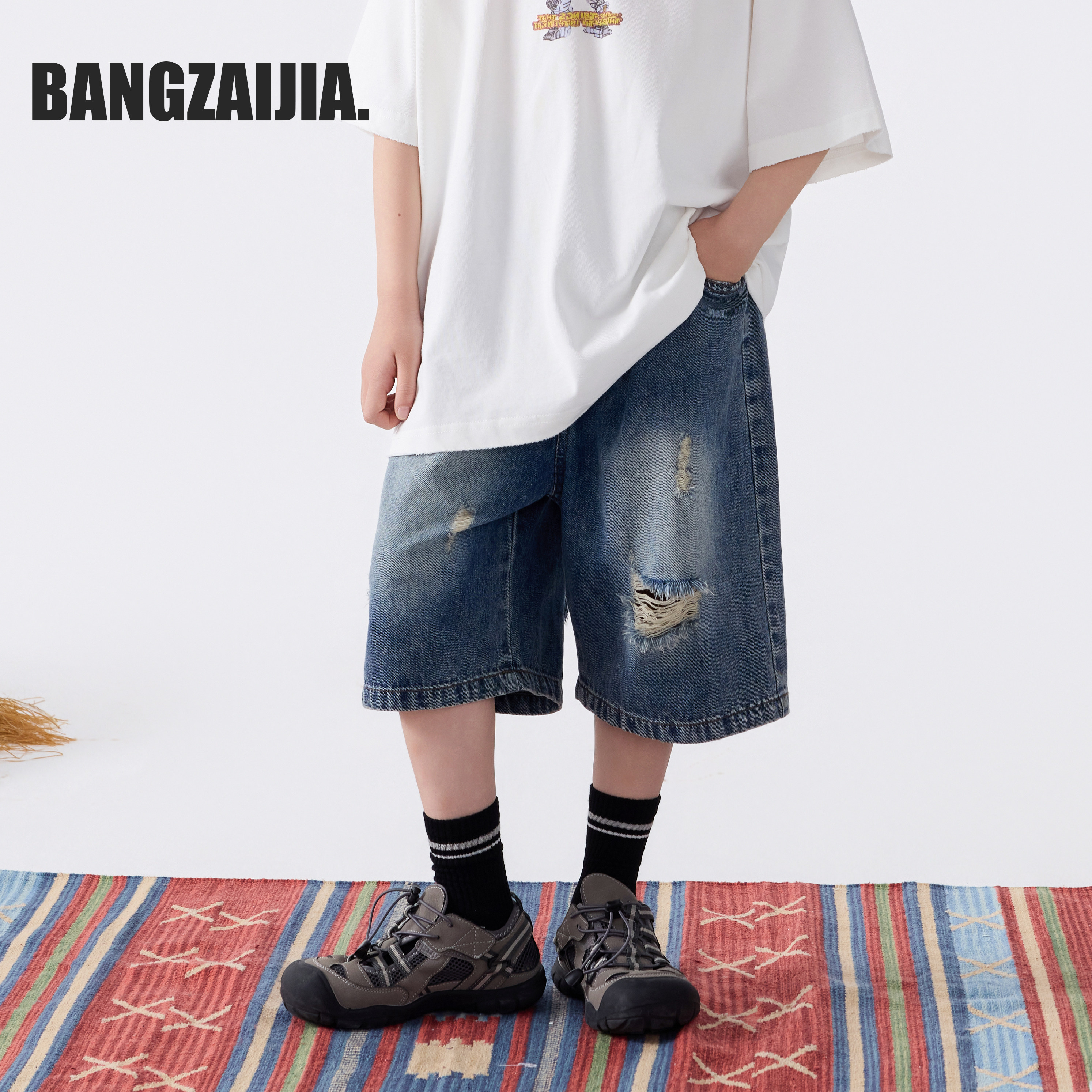 邦仔家童装夏季薄款儿童柔软破洞牛仔六分短裤男女童百搭短裤