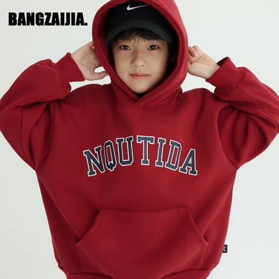 年服红色卫衣，一体绒加厚连帽