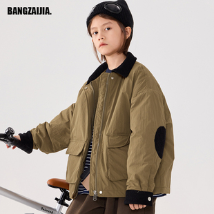 邦仔家童装24新秋冬儿童美式撞色灯芯绒补丁工装棉服男女童夹克