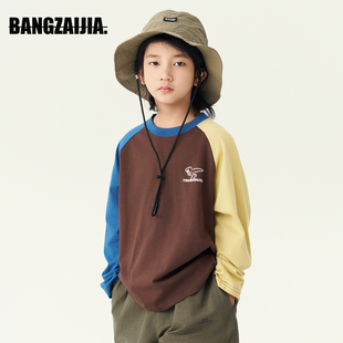 邦仔家童装 新儿童拼色露营风撞色插肩恐龙印花T恤男童上衣 25秋季