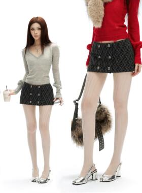 common in 0120 简约但高级时髦修身百搭菱形格低腰超短半身A字裙