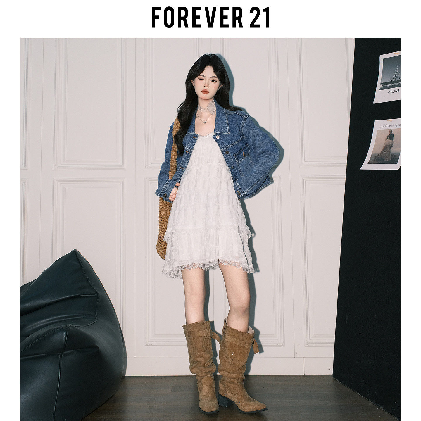 Forever21春季温柔白色蕾丝吊带连衣裙女氛围感纯欲A字蛋糕短裙子