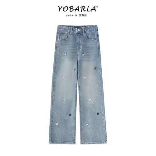 浅色星星刺绣直筒牛仔裤