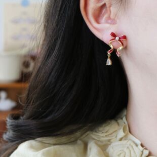 莉夏红色蝴蝶结飘带耳环锆石耳钉耳饰酒红少女甜美可爱蚊香盘耳夹