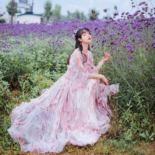 法式 雪纺碎花连衣裙子超仙女夏海边度假拍照沙滩长裙 复古浪漫夏季