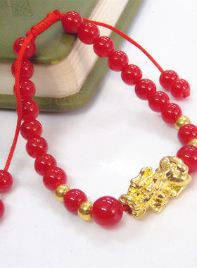红玛瑙镀金长短可调节貔貅手链