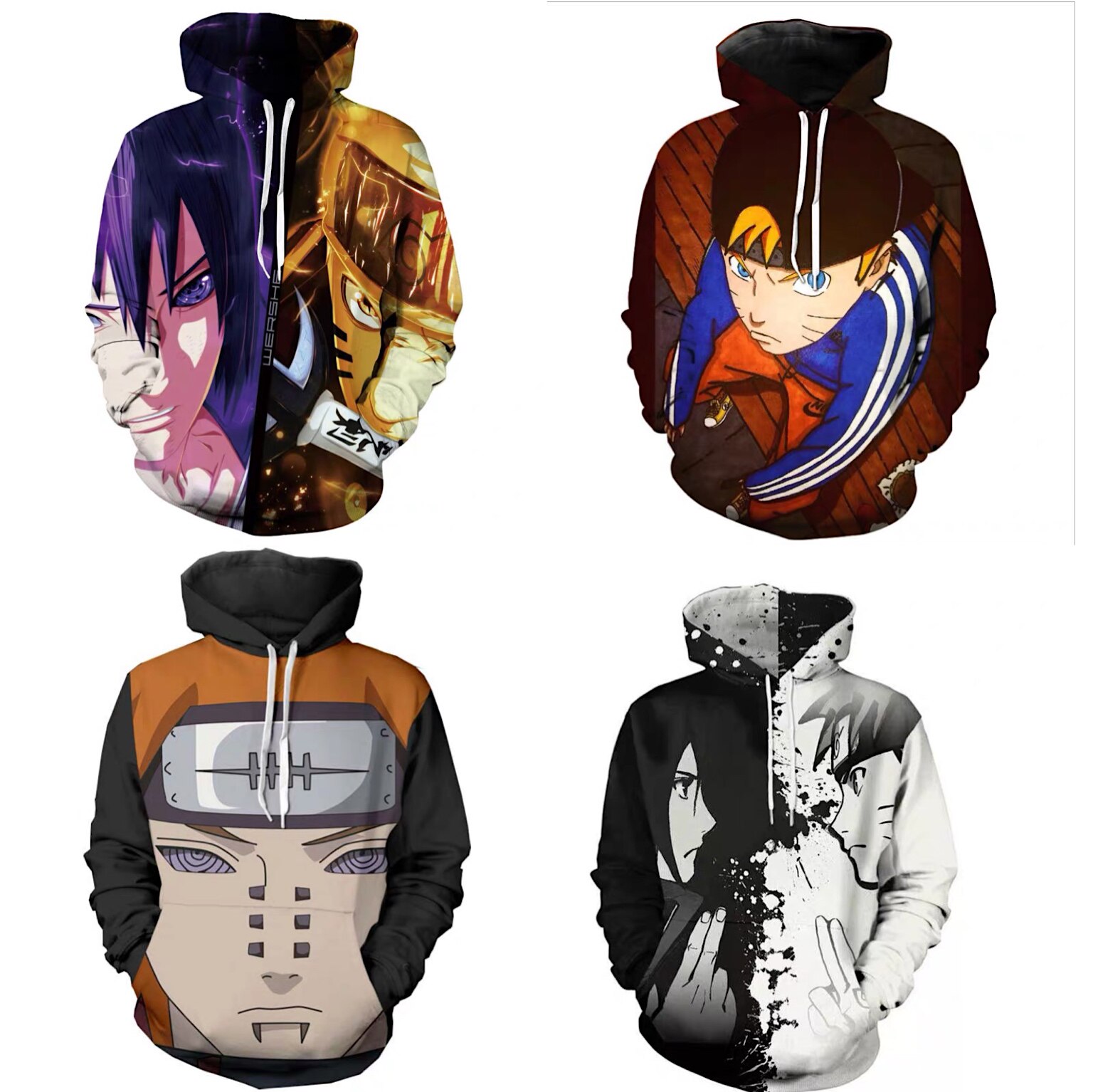新款潮日系流动漫火影忍者NARUTO鸣人佐助3D数码印花带帽卫衣