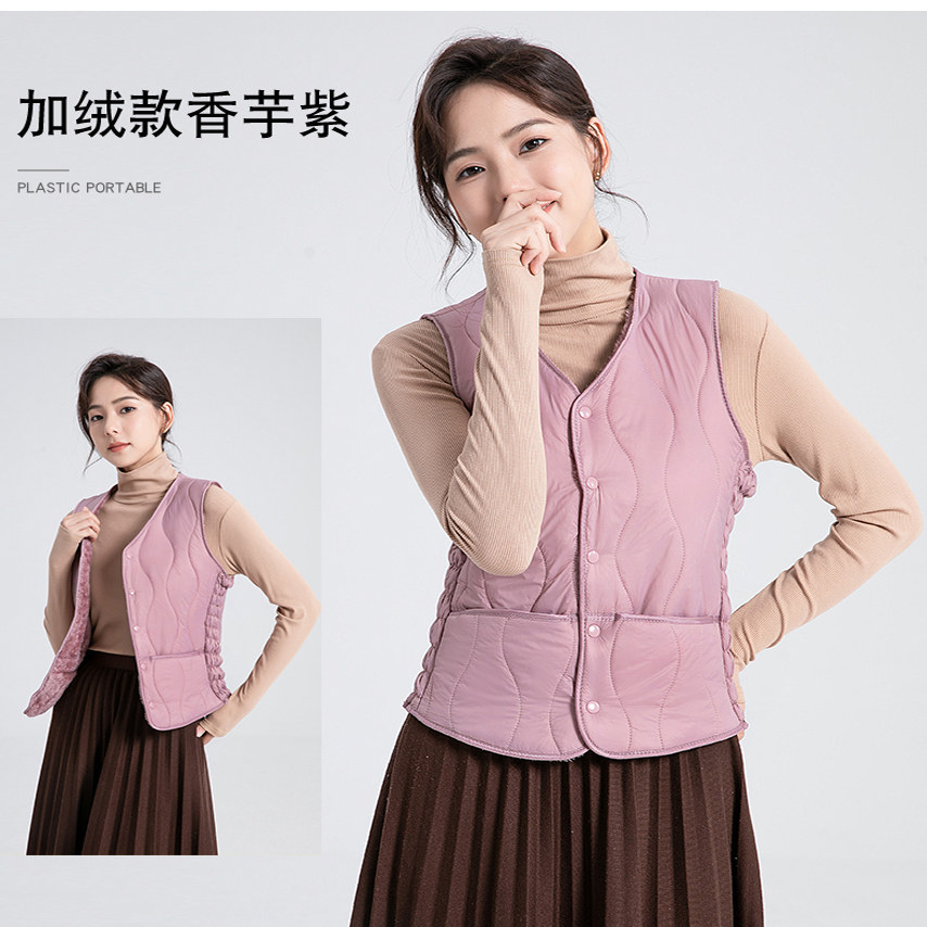 反季女士羽绒棉保暖马甲妈妈加绒背心短款V领坎肩修身百搭内胆轻