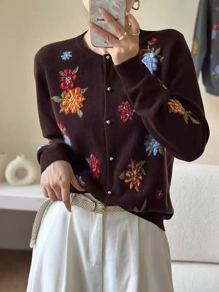 圆领刺绣花朵羊毛针织开衫宽松显瘦毛衣,女装/女士精品,毛针织衫,淘宝优惠券,粉丝福利购,淘宝优惠卷