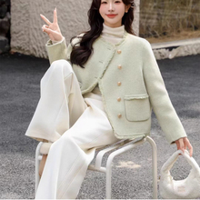 小香风双面羊绒大衣女款2025新款秋冬短款花边浅绿色羊毛呢子外套