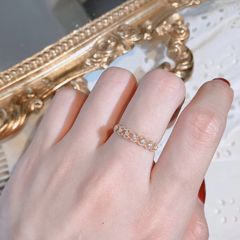 18k黄金精致珠边钻石戒指复古镂空蕾丝镶钻排戒简约指环百搭叠戴