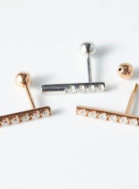 钻石耳钉18K黄金白金一字排钻玫瑰金光面半钻满钻耳骨钉螺丝耳钉