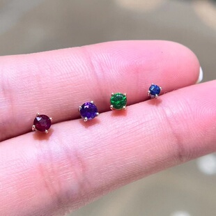 18K金天然彩宝红宝石蓝宝石耳钉螺丝拧彩金耳骨钉精致耳饰单只