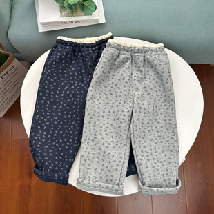 宽松休闲百搭秋冬加绒长裤 子一体绒直筒裤 160女童森系碎花裤 110